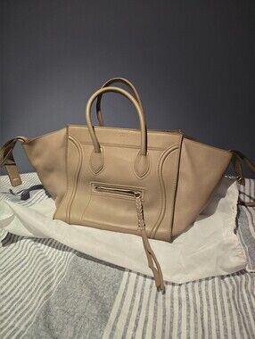 Celine Phantom Beige Leather Tote Bag with Braided Zip Pull